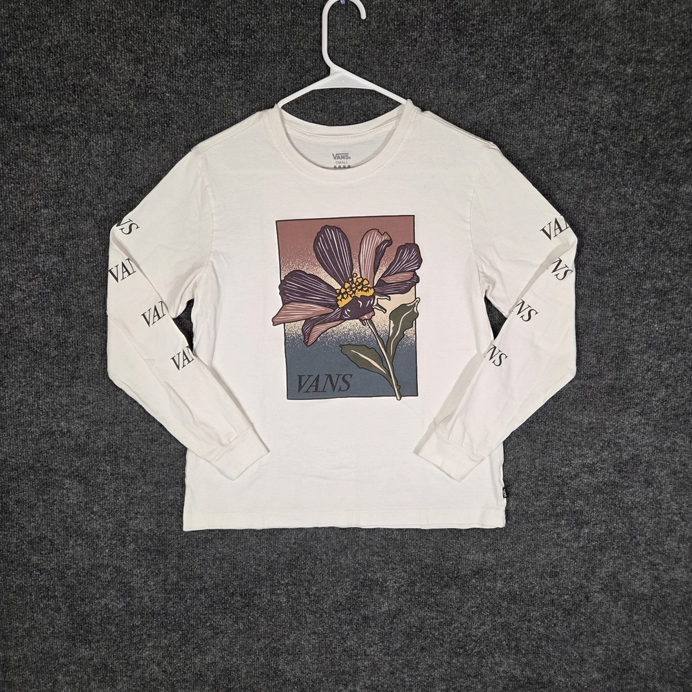 VANS Long Sleeve Graphic T-Shirt Mens Small White Floral Skater Streetwear Tee